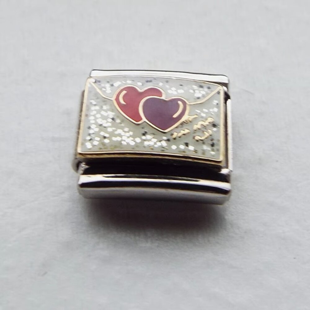 Two hearts on white enamel 9mm stainless steel italian charm bracelet link new